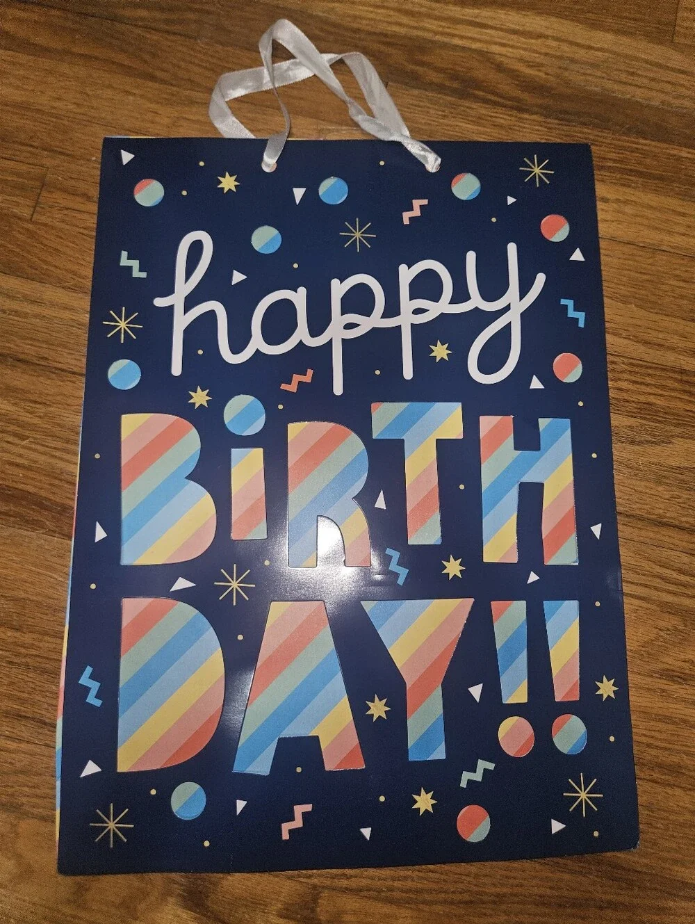 Navy Blue 'Happy Birthday' Gift Bag with Multicolor Stripes 17